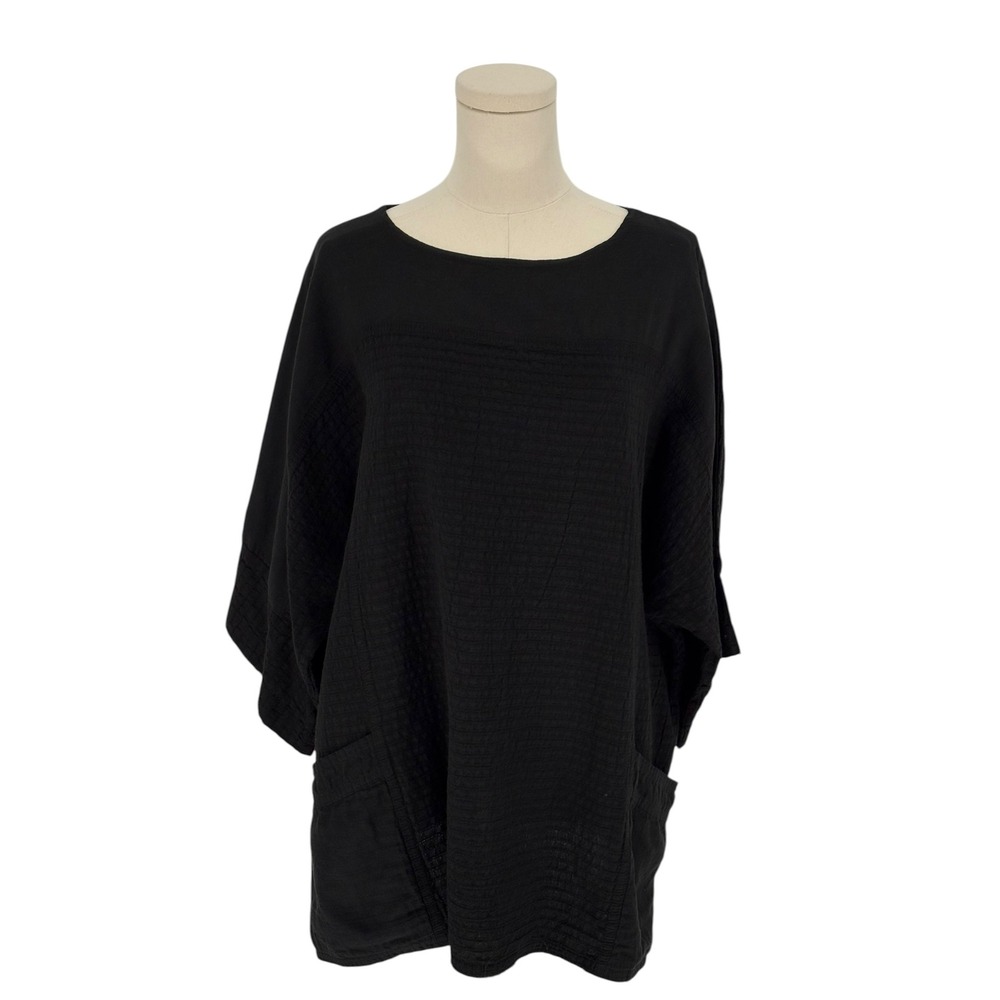 Ezze Wear Tunic Top Black Textured Crinkle 100% Cotton L/G